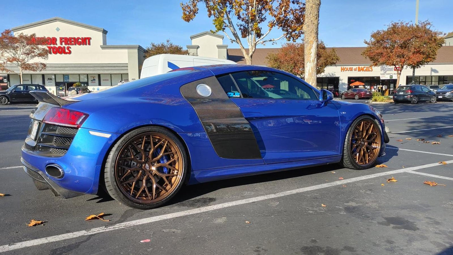 We produced premium quality forged wheels rims for AUDI R8 TYP 42 Our wheels sizes: Front 20 x 8.5 ET 42 Rear 20 x 11 ET 40 Finishing: Bronze Forged wheels can be produced in any wheel specs by your inquiries and we can provide our specs