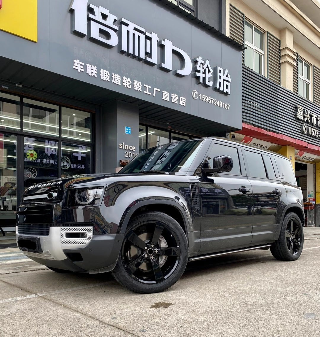 We produced premium quality forged wheels rims for LAND ROVER DEFENDER L663 Our wheels sizes: Front 22 x 9 ET 44.5 Rear 22 x 9 ET 44.5 Finishing: Glossy Black Forged wheels can be produced in any wheel specs by your inquiries and we can provide our specs