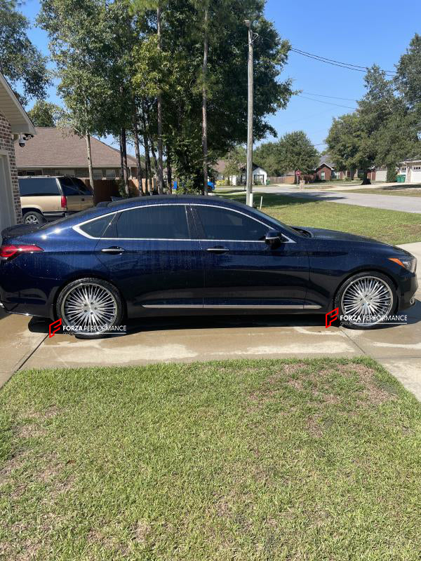 GENESIS G80 2018 Our wheels sizes: Front 21 x 9 ET 40 Rear 21 x 10 ET 45 Finishing: Brushed Clear Coating + Blue Inserts