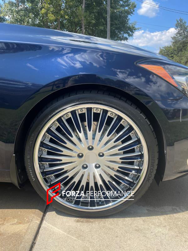 GENESIS G80 2018 Our wheels sizes: Front 21 x 9 ET 40 Rear 21 x 10 ET 45 Finishing: Brushed Clear Coating + Blue Inserts