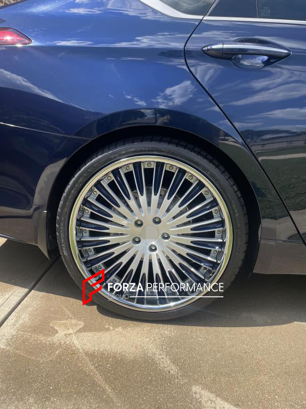 GENESIS G80 2018 Our wheels sizes: Front 21 x 9 ET 40 Rear 21 x 10 ET 45 Finishing: Brushed Clear Coating + Blue Inserts