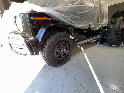 We produced premium quality forged wheels rims for  MERCEDES BENZ G CLASS 6X6  Our wheels sizes:   Front 18 x 8 ET 43  Rear 18 x 8 ET 43  Finishing: Matt Black with Red Ring  Forged wheels can be produced in any wheel specs by your inquiries and we can provide our specs